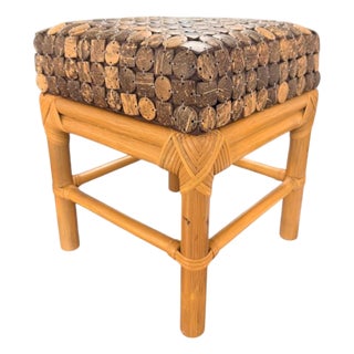 Vintage Rattan & Coconut Shell Stool / Ottoman For Sale