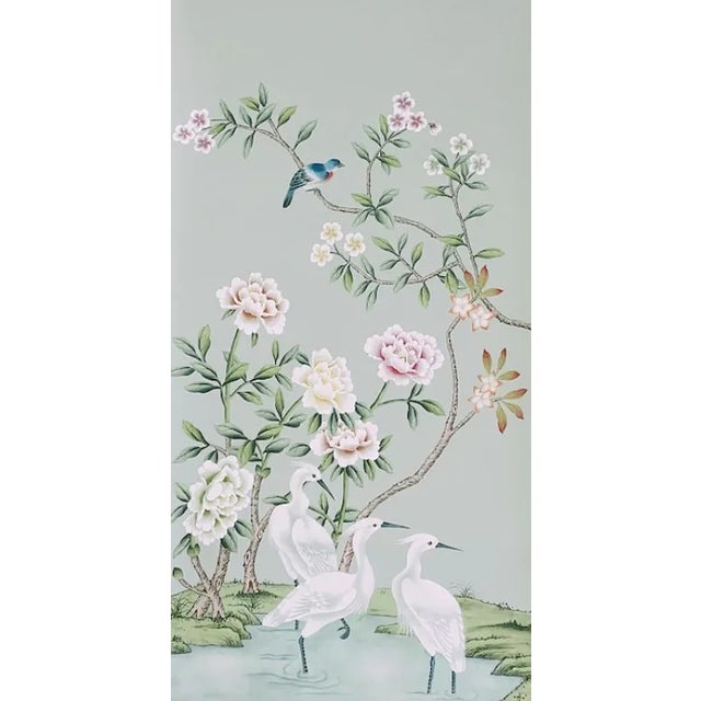 Chinoiserie 24"*48"/Panel, a Set of 3 Panels Aqua Green Colourful Peonies Chinoiserie Wall Artwork( No Frame) For Sale - Image 3 of 7