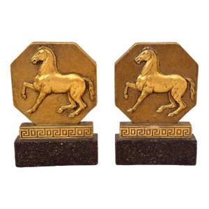 Rare 1930’s Italian Regency Equestrian Bookends by Borghese With Horse & Greek-Key Design in Gold Gilt on a Black Faux Granite Base- A Pair