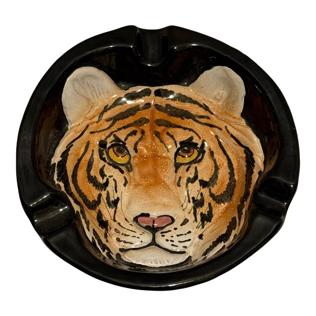 Vintage Palm Beach Regency Italian Tiger Face Pottery Ashtray Catchall For Sale