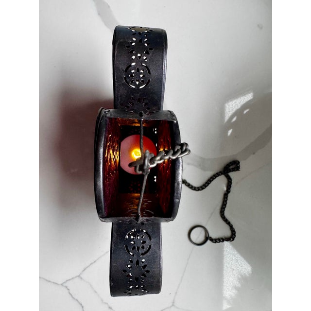 Red Vintage Red Stained Glass Hanging Votive With Pierced Metal Frame For Sale - Image 8 of 12