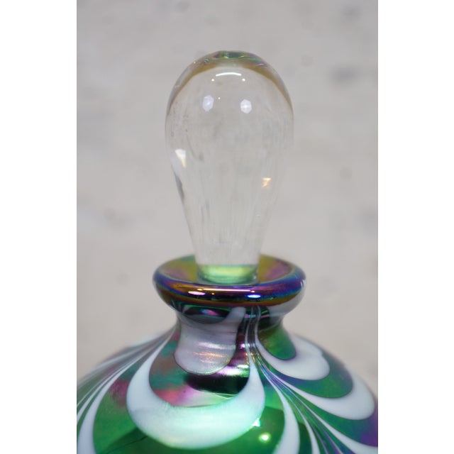 Bottle Green Vintage Iridescent Art Glass Pulled Feather Perfume Bottle & Applicator 5" For Sale - Image 8 of 15