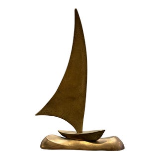 Vintage Solid Brass Sailboat Sculpture Nautical Coastal Decor Mid Century 7.5” For Sale