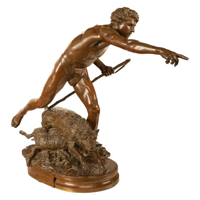 French Monumental French Figurative Bronze Statue 'Au Loup' Shepherd Dog Sheep Hunting by Louis-Auguste Hiolin, 1874 For Sale - Image 3 of 18