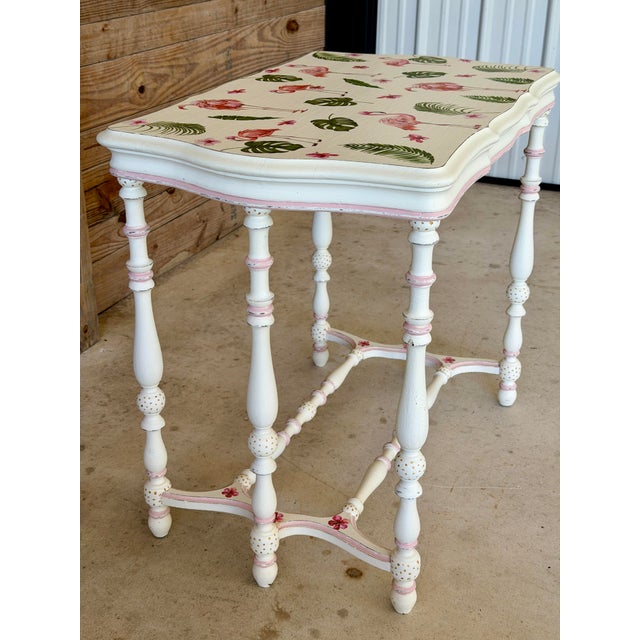 Early 20th Century Antique Console Table With Custom Flamingo Decoupage Top | Hand-Painted Coastal Piece For Sale - Image 5 of 12