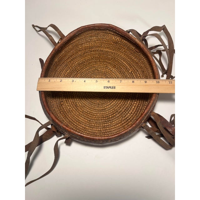 Antique Ethiopian Agelgil Woven Rattan & Leather Covered Basket 10" Diameter For Sale - Image 10 of 11