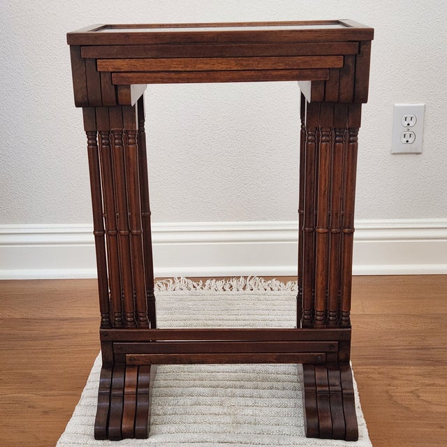 Vintage Brandt Furniture, Four Glass Top Nesting Tables (A Quartetto), Antique Mahogany Finish For Sale - Image 11 of 16