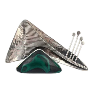 Ed Wiener Sterling Silver & Malachite Midcentury Modernist Brooch / Pendant