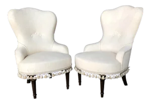 Vintage Mid Century "Madame Pompadour" White Armchairs - a Pair