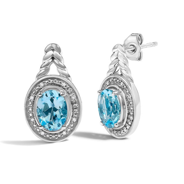 Contemporary Sterling Silver Oval Blue Topaz and Diamond Accent Twist and Halo Drop Earrings, Pair For Sale - Image 3 of 4