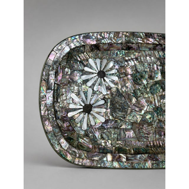 Los Castillo Los Castillo Taxco Mexican Modernist Abalone, Mother of Pearl & Silvered Tray For Sale - Image 4 of 9