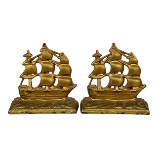 Antique Traditional Cast Iron Gold Gilded Galleon Boat Ship Bookends – a Pair For Sale