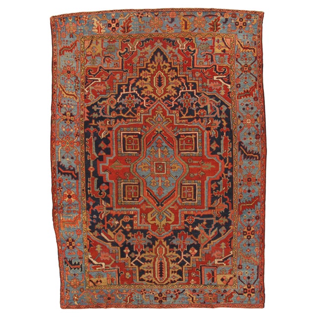 Antique Persian Heriz Carpet Handmade Wool Oriental Rug, Navy, Light Blue, Gold For Sale - Image 18 of 18