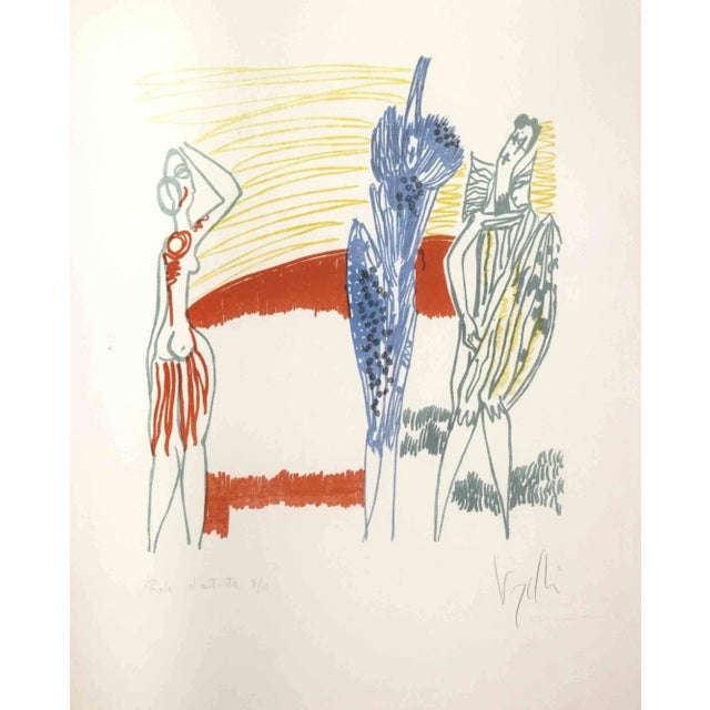 Three colored figures is an original artwork realized by Antonio Vangelli (1917-2003). Mixed colored lithograph. Hand...