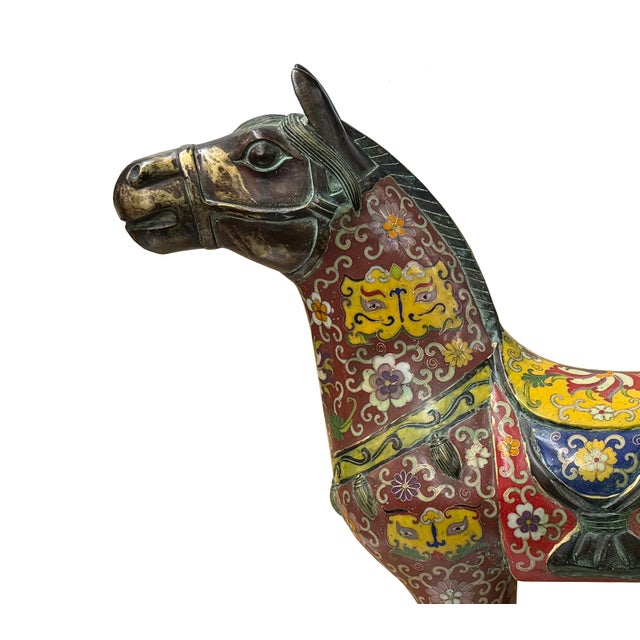 Vintage Oriental Chinese Reddish Maroon Cloisonne Metal Horse Figure A For Sale - Image 11 of 16