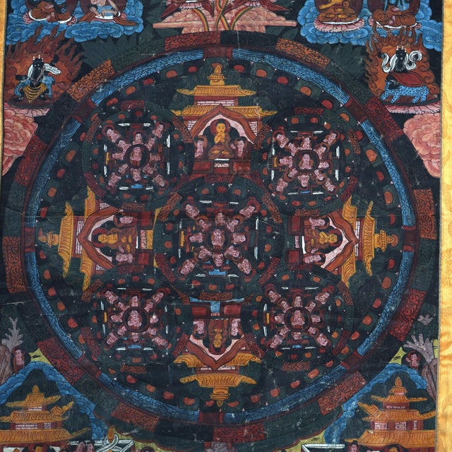 Antique Tibetan Hand Painted Silk and Canvas Thangka with Figures C1920 Measures- 30.5''H x 22.25''W x .25''D
