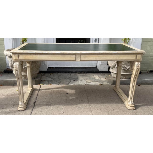 Regency Style Dennis & Leen Green Leather Top White & Silver Writing Table Desk