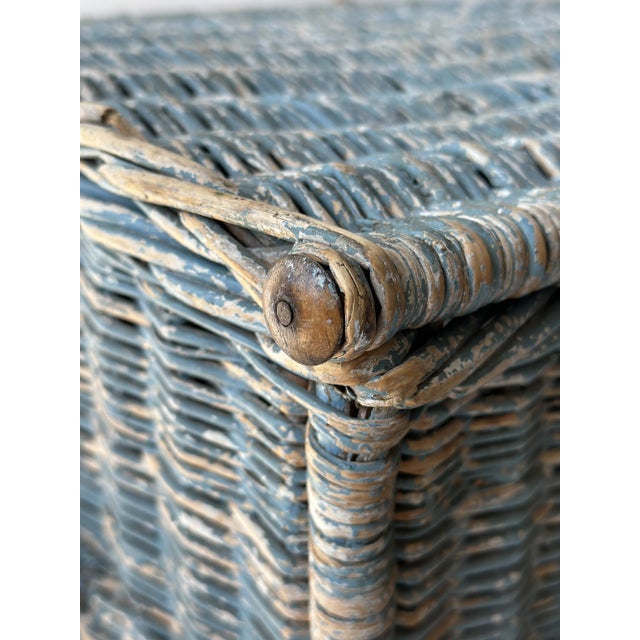 Antique Powder Blue Painted Willow Wicker Hinged Lid Basket, Circa 1920s For Sale - Image 11 of 18