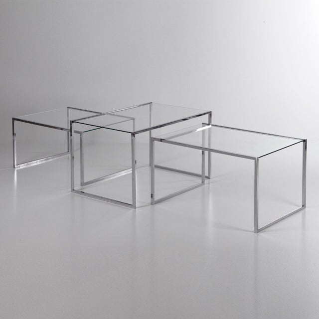 Metal Three Coffee Tables in Glass and Chromed Metal, 1970s, Set of 3 For Sale - Image 7 of 11