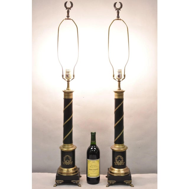 Vintage French Empire Style Black Column Brass Ormolu Bouillotte Table Lamps - a Pair. Circa Mid 20th Century....