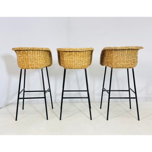 Set of Three Woven Water Hyacinth and Black Metal Frame Barstools For Sale - Image 4 of 12