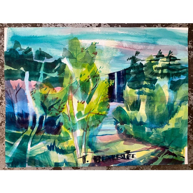 1960s MCM watercolor on paper of a modern Spring scene by artist Tina Blakeslee. Signed lower center.