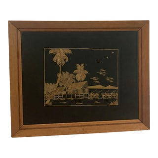 Vintage Framed Straw Marquetry Tropical Scene For Sale