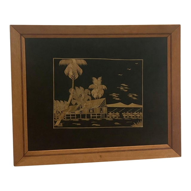 Vintage Framed Straw Marquetry Tropical Scene For Sale