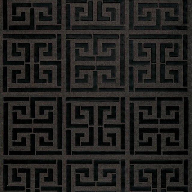 Sample - Schumacher Greek Key Sisal Wallpaper in Jet For Sale