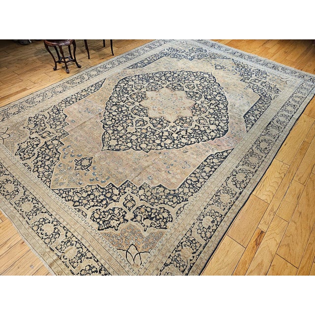 Beige Antique Oversized Persian Tabriz Haji Jalili Carpet, Hand-Knotted Wool, Floral Pattern, Navy & Pale Red, 10x15 For Sale - Image 8 of 18