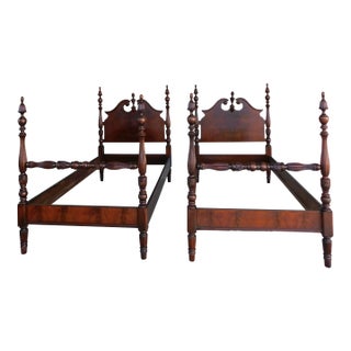 Antique Flame Mahogany Chippendale Style Bell Flower Finial Poster Beds - A Pair For Sale