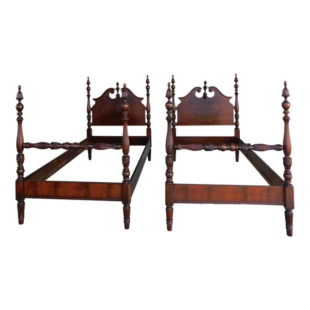 Antique Flame Mahogany Chippendale Style Bell Flower Finial Poster Beds - A Pair For Sale