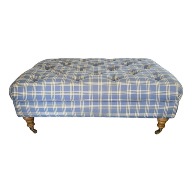 English Traditional Style Plaid Tufted Cocktail Ottoman With Brass Castors For Sale