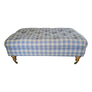 English Traditional Style Plaid Tufted Ottoman With Brass Castors For Sale