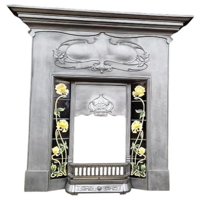 Art Nouveau Cast Iron Tiled Combination Fireplace Surround For Sale - Image 3 of 3