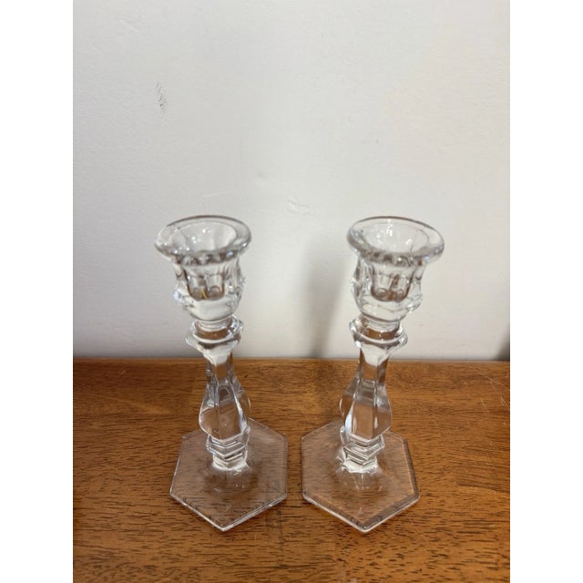 Vintage Pair Clear Glass Crystal Candlesticks 7.5" Hexagon Base Taper Holders For Sale - Image 4 of 11