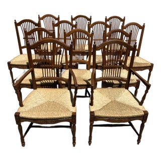 1950s Rush Seat Spindle Back Walnut Dining Chairs - Set of 12 For Sale