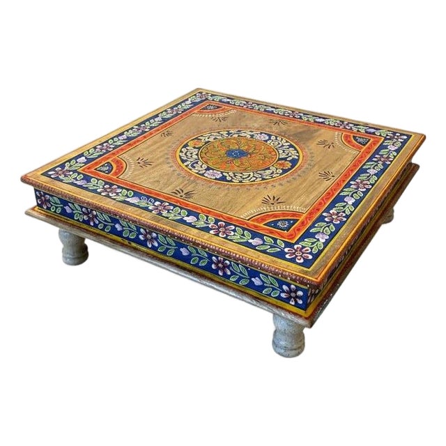 Hand-Painted Mango Wood Bajot Table – Mandala Boho Coffee Table Plant Stand For Sale