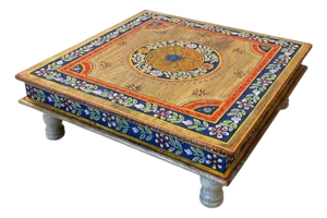 Hand-Painted Mango Wood Bajot Table – Mandala Boho Coffee Table Plant Stand