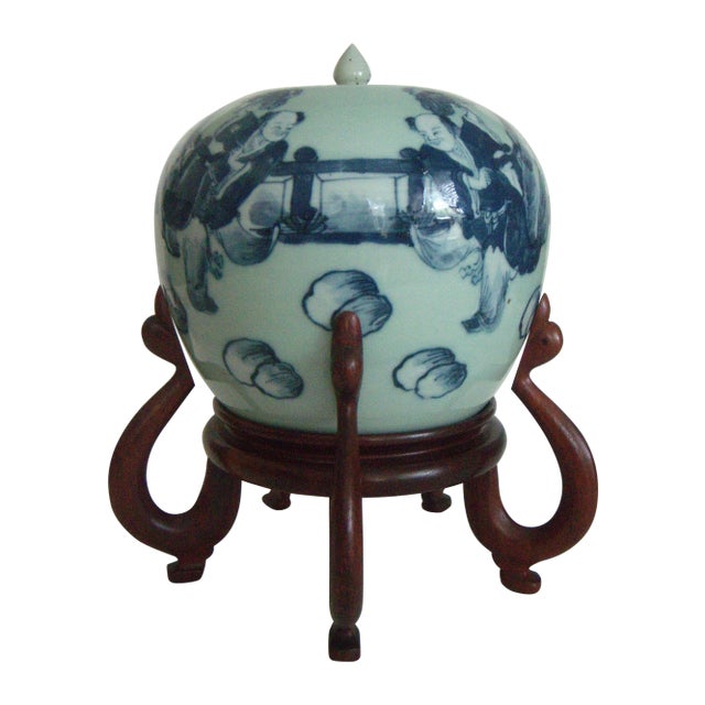 Antique Qing Dynasty Celadon Glazed Chinese Ginger Jar on Elegant Stylised Rosewood Stand, Blue and White For Sale
