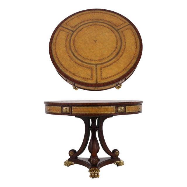 Maitland Smith Round Mahogany Leather Top Center Table For Sale