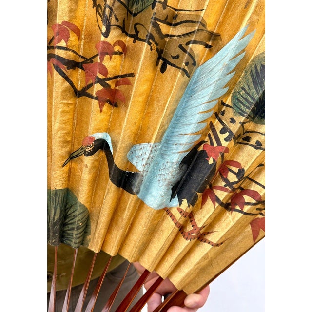 Mid 20th Century Stunning 70 Inch Vintage Chinese Hand Painted Gilt Wall Fan Cranes and Pine Motif For Sale - Image 5 of 14
