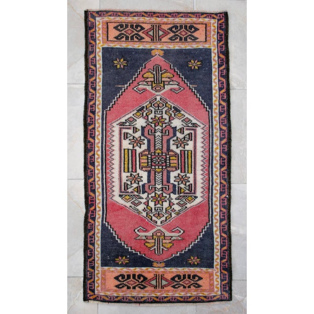 Dark Pink Vintage Turkish Rug 2x4 Pink Navy Hand Knotted Small Area Mat Accent Rug Doormat For Sale - Image 8 of 12