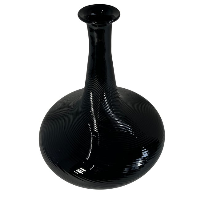 11 In. Tall Murano Art Glass Black Spiral Textural Swirl Vase For Sale - Image 11 of 13