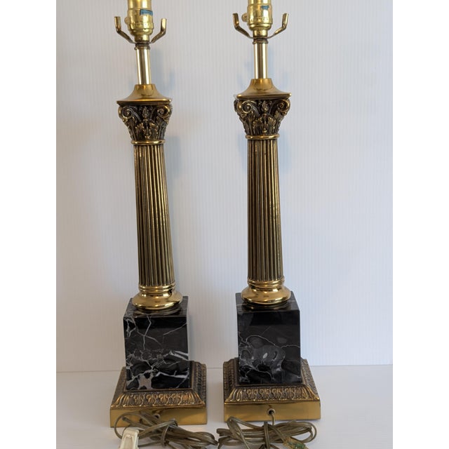 Hollywood Regency Vintage Mid Century Portora Black Marble and Brass Table Lamps, a Pair For Sale - Image 3 of 7