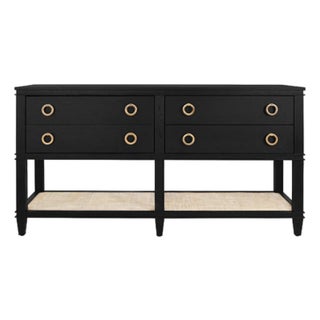 Matthew Izzo Home Richmond Black Oak Four Drawer Console Table With Caned Open Shelf and Brass Drawer Pulls For Sale