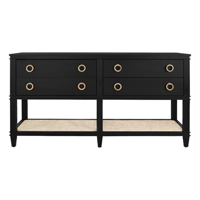 Matthew Izzo Home Richmond Black Oak Four Drawer Console Table With Caned Open Shelf and Brass Drawer Pulls For Sale