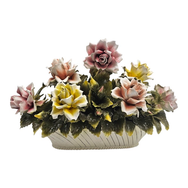 VTG Large Italian Porcelain Rose Bouquet Basket Centerpiece Capodimonte 22.5” For Sale - Image 4 of 18