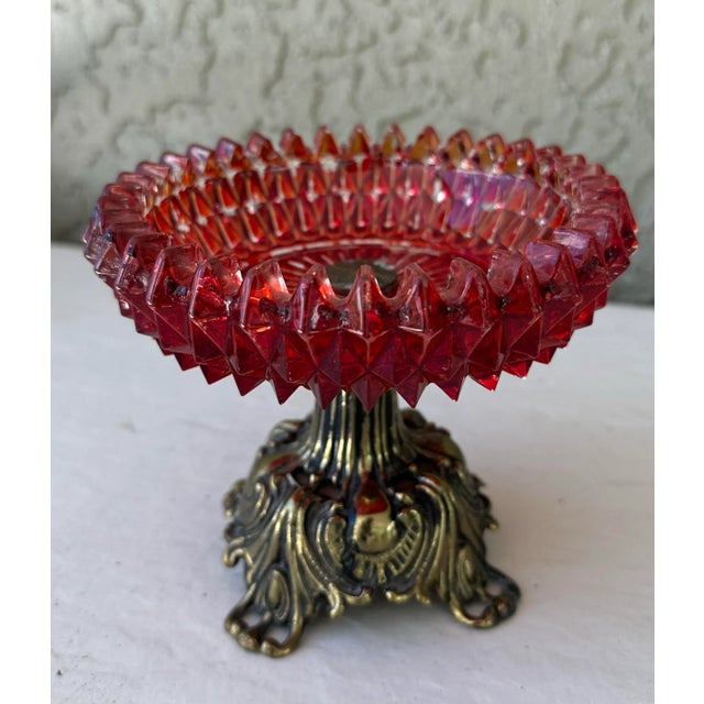 Vintage 1973 Brass Footed Ruby Red Diamond Cut Glass Compote Dish For Sale In Orlando - Image 6 of 12