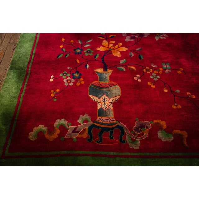 1920s Antique Fuschia Asymmetrical Floral Handknotted Wool Chinese Art Deco Rug For Sale In New York - Image 6 of 8